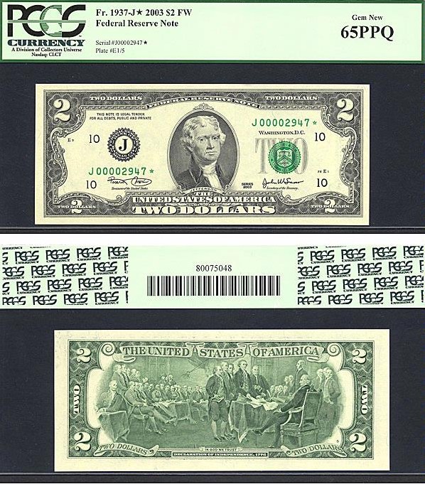 image for: Fr.1937J* 2003 $2  PCGS Gem CU65 PPQ [J00002947] *Star* 