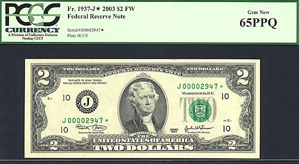 image for: Fr.1937J* 2003 $2  PCGS Gem CU65 PPQ [J00002947] *Star* 