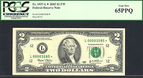 image for: Fr.1937L* 2003 $2  PCGS Gem CU65 PPQ [L00003285] *Star* 