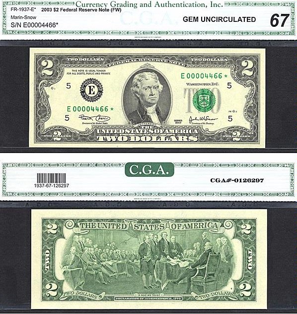 image for: Fr.1937E* 2003 $2  CGA Gem CU67  [E00004466] *Star* 