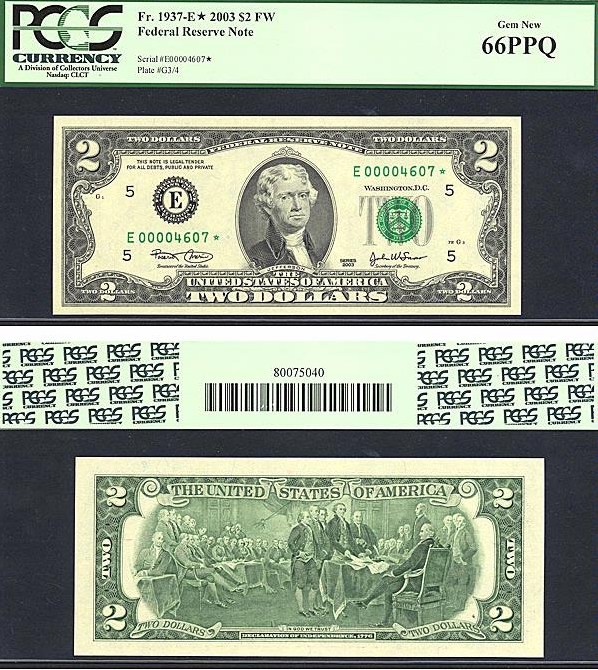 image for: Fr.1937E* 2003 $2  PCGS Gem CU66 PPQ  [E00004607] *Star* 