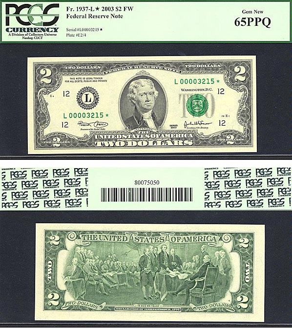 image for: Fr.1937L* 2003 $2  PCGS Gem CU65 PPQ [L00003215] *Star* 