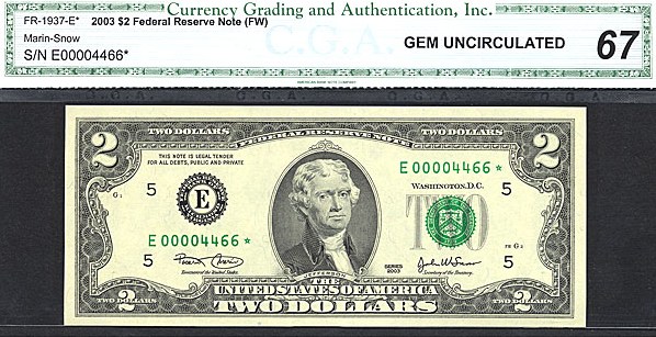 image for: Fr.1937E* 2003 $2  CGA Gem CU67  [E00004466] *Star* 