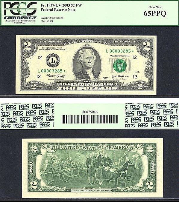 image for: Fr.1937L* 2003 $2  PCGS Gem CU65 PPQ [L00003285] *Star* 