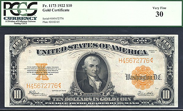 image for: Fr.1173 1922 $10  PCGS VF30  [H45672776]