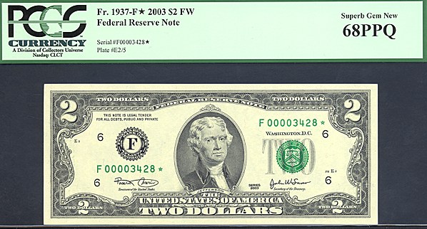 image for: Fr.1937F* 2003 $2  PCGS Gem CU68 PPQ  [F00003428] *Star* 