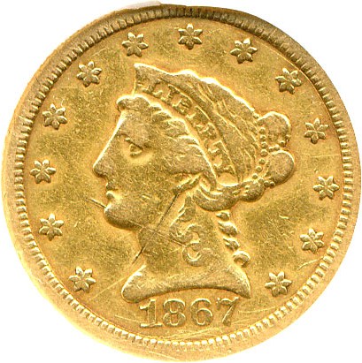 image for: 1867-S $2 1/2 DGS F12  (Cleaned, Scratched)