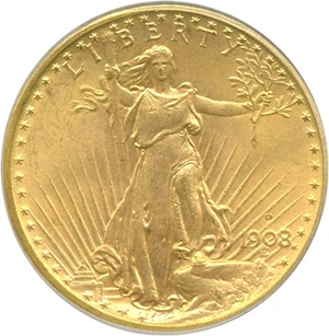 image for: 1908-D $20 Motto PCGS MS65