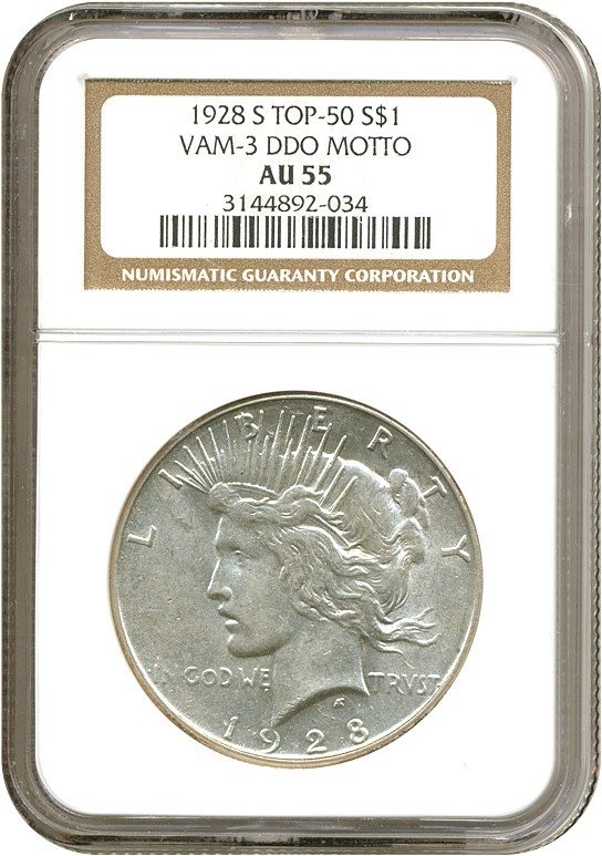 image for: Top 50 VAM: 1928-S $1 VAM 3  Doubled Motto NGC AU55 