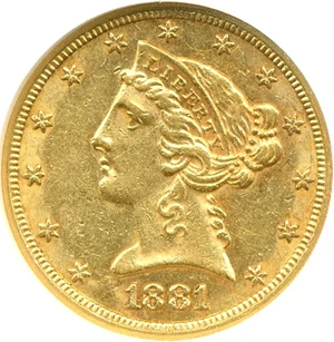 image for: 1881 $5 ANACS AU53 (Re-punched Date)