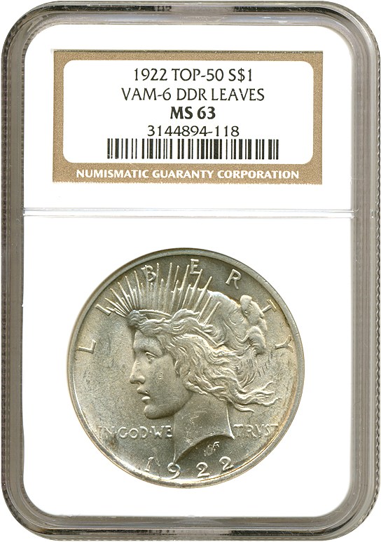 image for: Top 50 VAM: 1922 $1 VAM 6  Doubled Leaves NGC MS63 