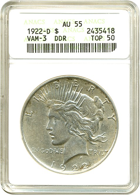 image for: Top 50 VAM: 1922-D $1 VAM 3  DDR ANACS AU55 