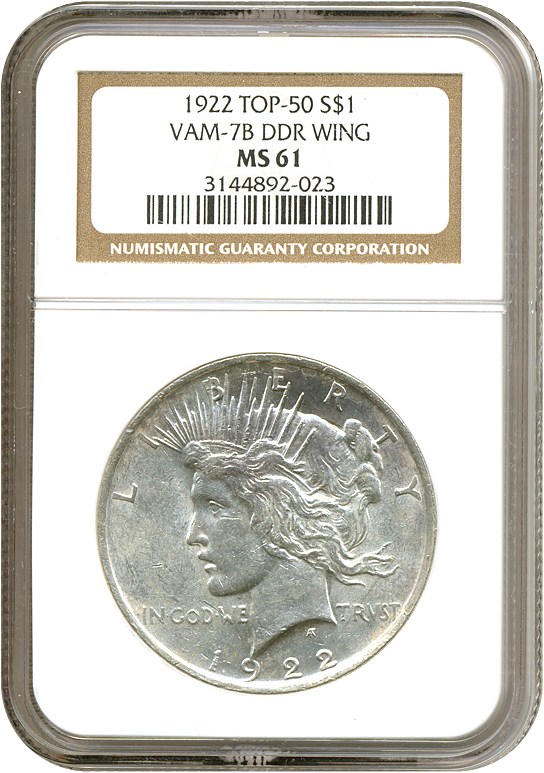 image for: Top 50 VAM: 1922 $1 VAM 7B  Doubled Wing NGC MS61 