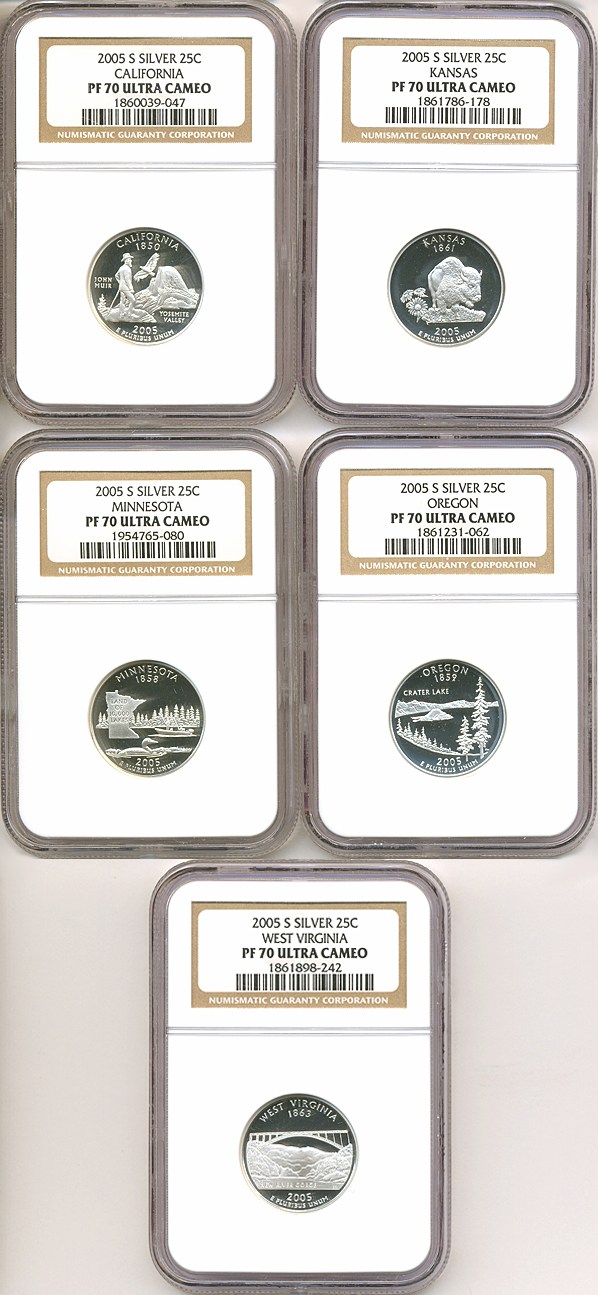 image for: 2005-S 25c State Quarters Proof Set - Silver (5 coins) NGC Proof 70 UCameo