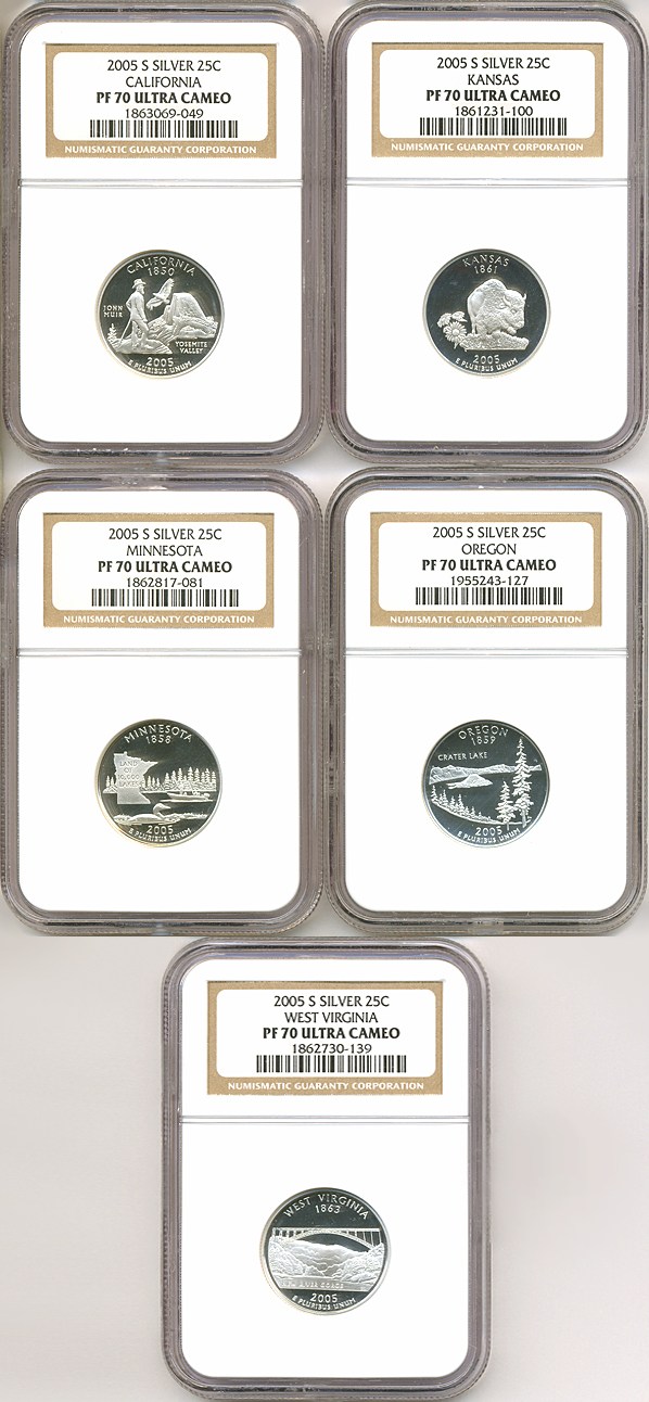 image for: 2005-S 25c State Quarters Proof Set - Silver (5 coins) NGC Proof 70 UCameo