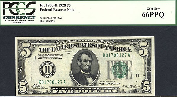 image for: Fr.1950K 1928 $5  PCGS Gem CU66 PPQ [K01708127A]