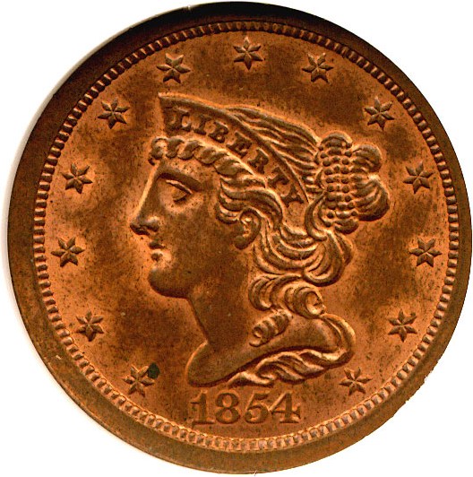 image for: 1854 1/2c  NGC/CAC MS64 RB