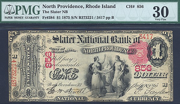 image for: Fr.384 1875 $1 1st Charter Period PMG VF30 #856 Rhode Island [B373221]