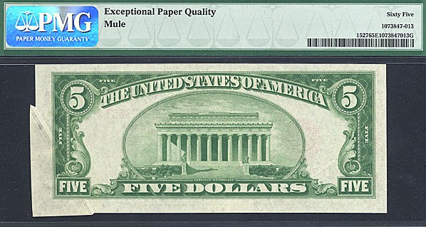 image for: Fr.1527 1928B $5  PMG Gem CU65 EPQ Mule [E07056851A] *Error - Gutter Fold* 