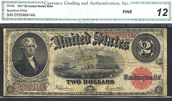 image for: Fr.60 1917 $2 Bracelet Reverse CGA F12  [D76348414A]