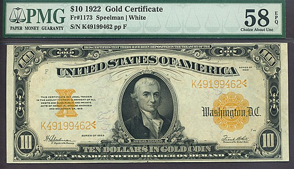 image for: Fr.1173 1922 $10  PMG AU58 EPQ [K49199462]