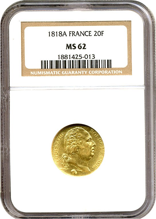 image for: France: 1818-A 20 Fr  NGC MS62 (KM-712.1)