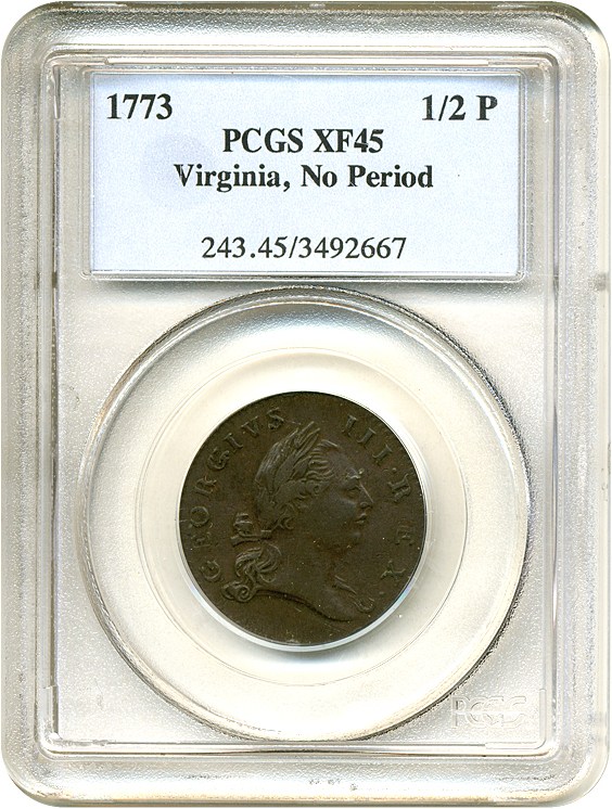 image for: 1773 1/2 P Virginia, No Period PCGS XF45