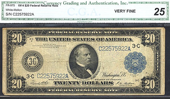 image for: Fr.975 1914 $20 Blue Seal CGA VF25  [C22575922A]