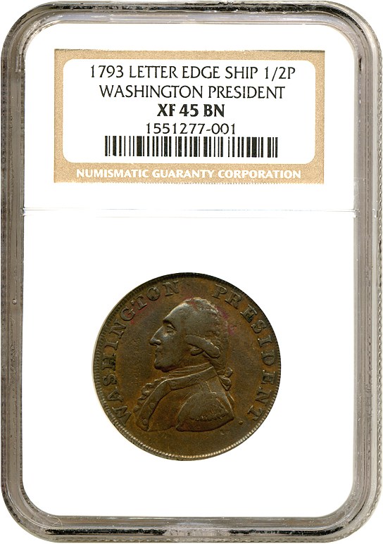 image for: 1793 1/2 P Wash, Ship, Let Edge NGC XF45 BN