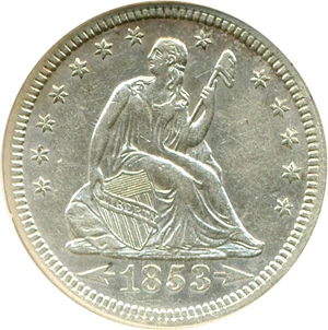 image for: 1853 25c DGS AU53 Arrows & Rays (Lightly Cleaned)