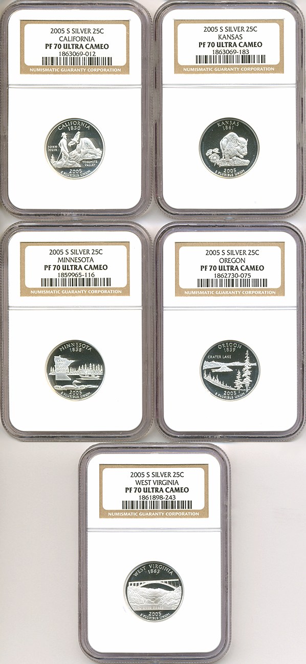 image for: 2005-S 25c State Quarters Proof Set - Silver (5 coins) NGC Proof 70 UCameo