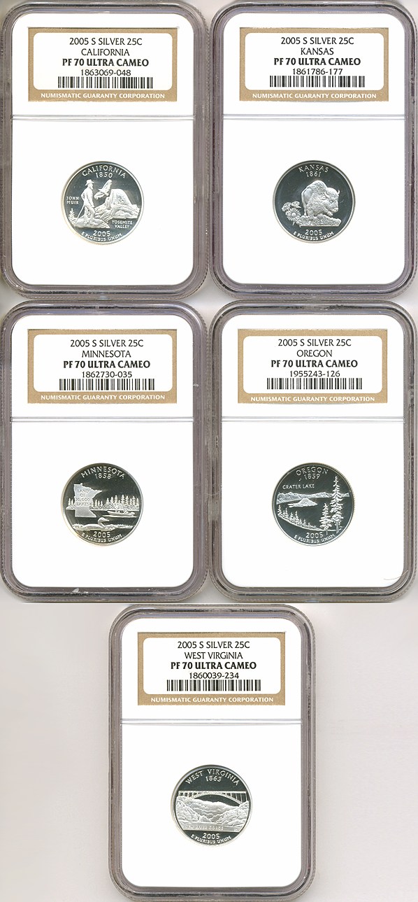 image for: 2005-S 25c State Quarters Proof Set - Silver (5 coins) NGC Proof 70 UCameo