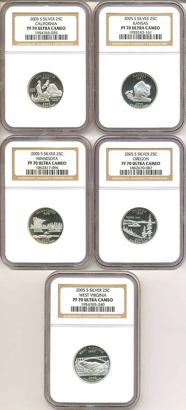 image for: 2005-S 25c State Quarters Proof Set - Silver (5 coins) NGC Proof 70 UCameo