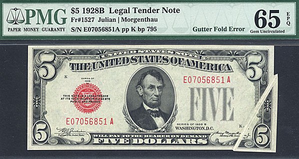 image for: Fr.1527 1928B $5  PMG Gem CU65 EPQ Mule [E07056851A] *Error - Gutter Fold* 