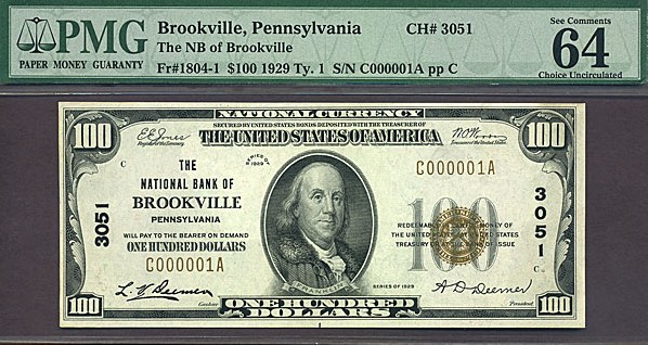 image for: Fr.1804-1 1929 $100  PMG Choice CU64 #3051 Pennsylvania [C000001A] *Fancy Serial* 