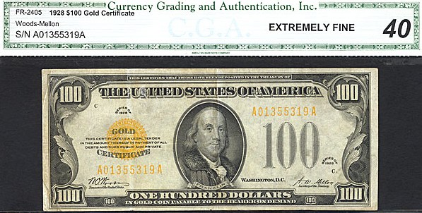 image for: Fr.2405 1928 $100 Gold Seal and Serial Numbers CGA XF40  [A01355319A]