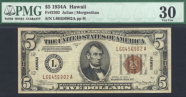 image for: Fr.2302 1934A $5 Hawaiian PMG VF30  [L66456902A]