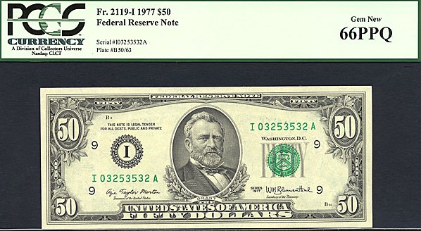 image for: Fr.2119I 1977 $50  PCGS Gem CU66 PPQ [I03253532A]