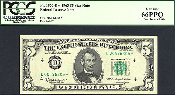 image for: Fr.1967D 1963 $5  PCGS Gem CU66 PPQ [D00496305] *Star* 