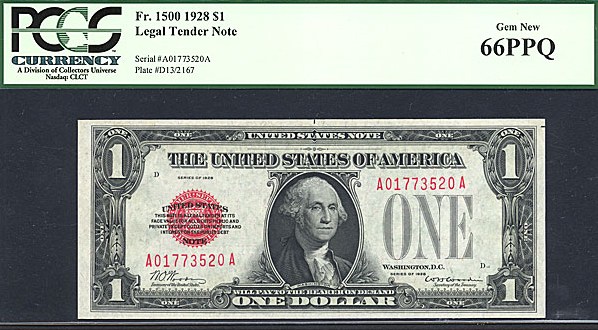 image for: Fr.1500 1928 $1  PCGS Gem CU66 PPQ [A01773520A]