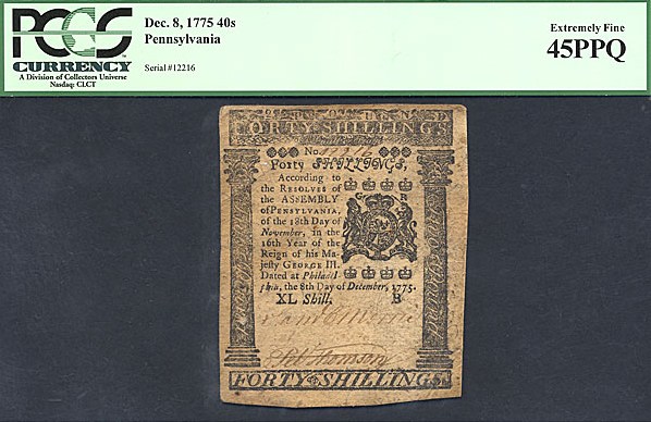 image for: Pennsylvania: Fr.PA196 1775 40s 8-Dec PCGS XF45 PPQ [12216]