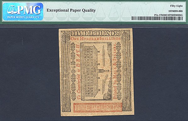 image for: Pennsylvania: Fr.PA176 1775 ?5 10-Apr PMG AU58 EPQ  [1774]