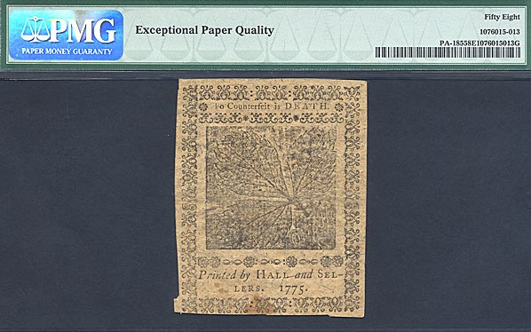 image for: Pennsylvania: Fr.PA185 1775 9d 25-Oct PMG AU58 EPQ  [9531]