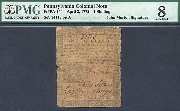 image for: Pennsylvania: Fr.PA154 1772 1s 3-Apr PMG VG8  [34113] *John Morton Signature*