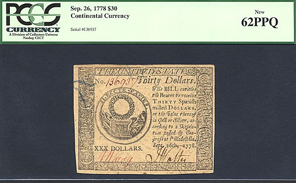 image for: Continental Currency: Fr.CC83 1778 $30 September 26 PCGS CU62  [136937]