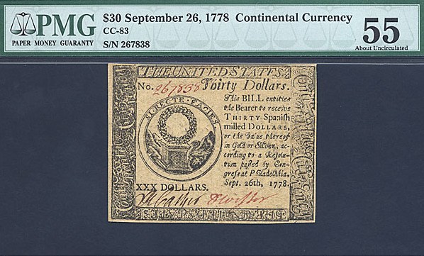 image for: Continental Currency: Fr.CC83 1778 $30 September 26 PMG AU55  [267838]
