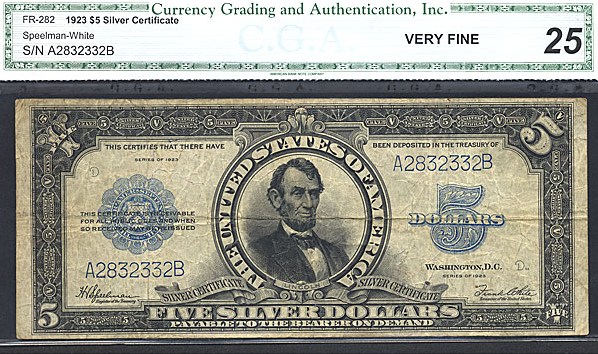 image for: Fr.282 1923 $5 Porthole CGA VF25  [A2832332B]