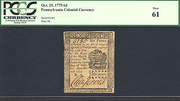 image for: Pennsylvania: Fr.PA184 1775 6d 25-Oct PCGS CU61  [3185]