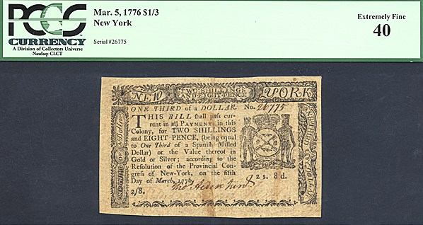 image for: New York: Fr.NY188 1776 $1/3 March 5 PCGS XF40  [26775]