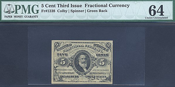 image for: Fractional Currency: Fr.1238  5-Cent Head of Spencer Clark. PMG Choice CU64 - Pinholes